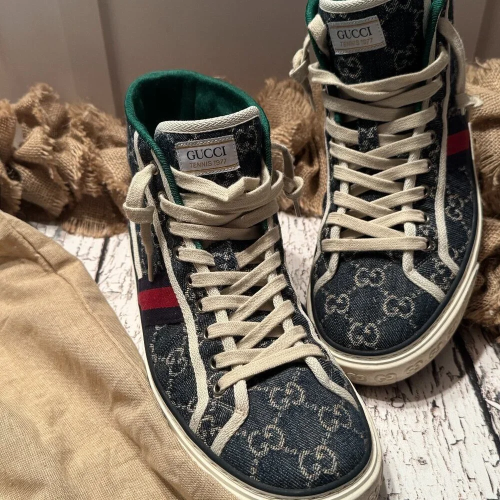 Men's Gucci High Top Denim Sneakers Monogram Blue Cream 8